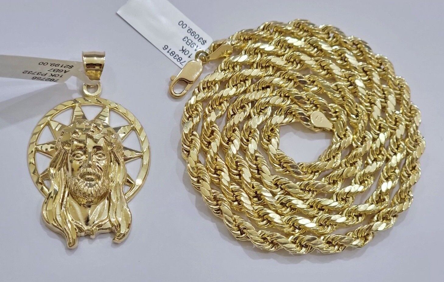 10kt Gold Rope Chain Jesus Head Charm Pendant Set 18 - 30'' Inch 5mm Necklace SALE - GoldenlinQ